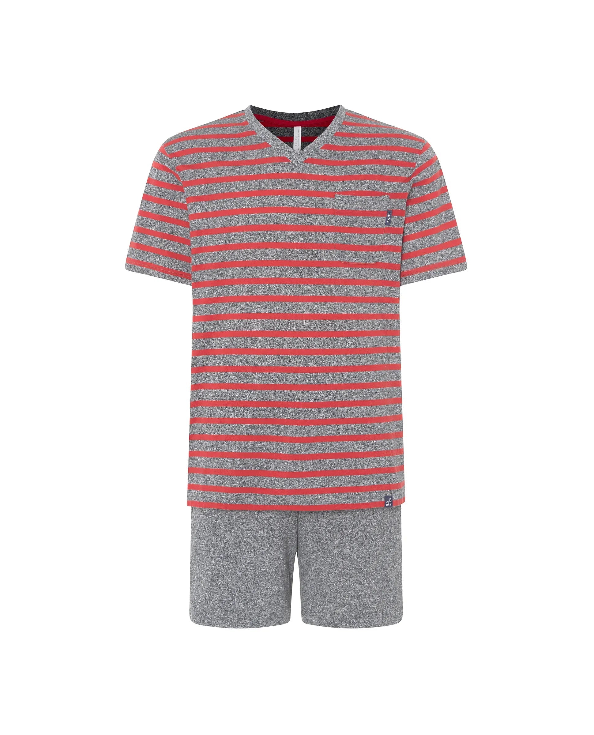 Pijama de verano para caballero con cuello pico, manga corta y camiseta a rayas