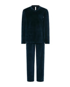 Hombre con bata cruzada de invierno jacquard cuadros marino y pantalón pijama a juego