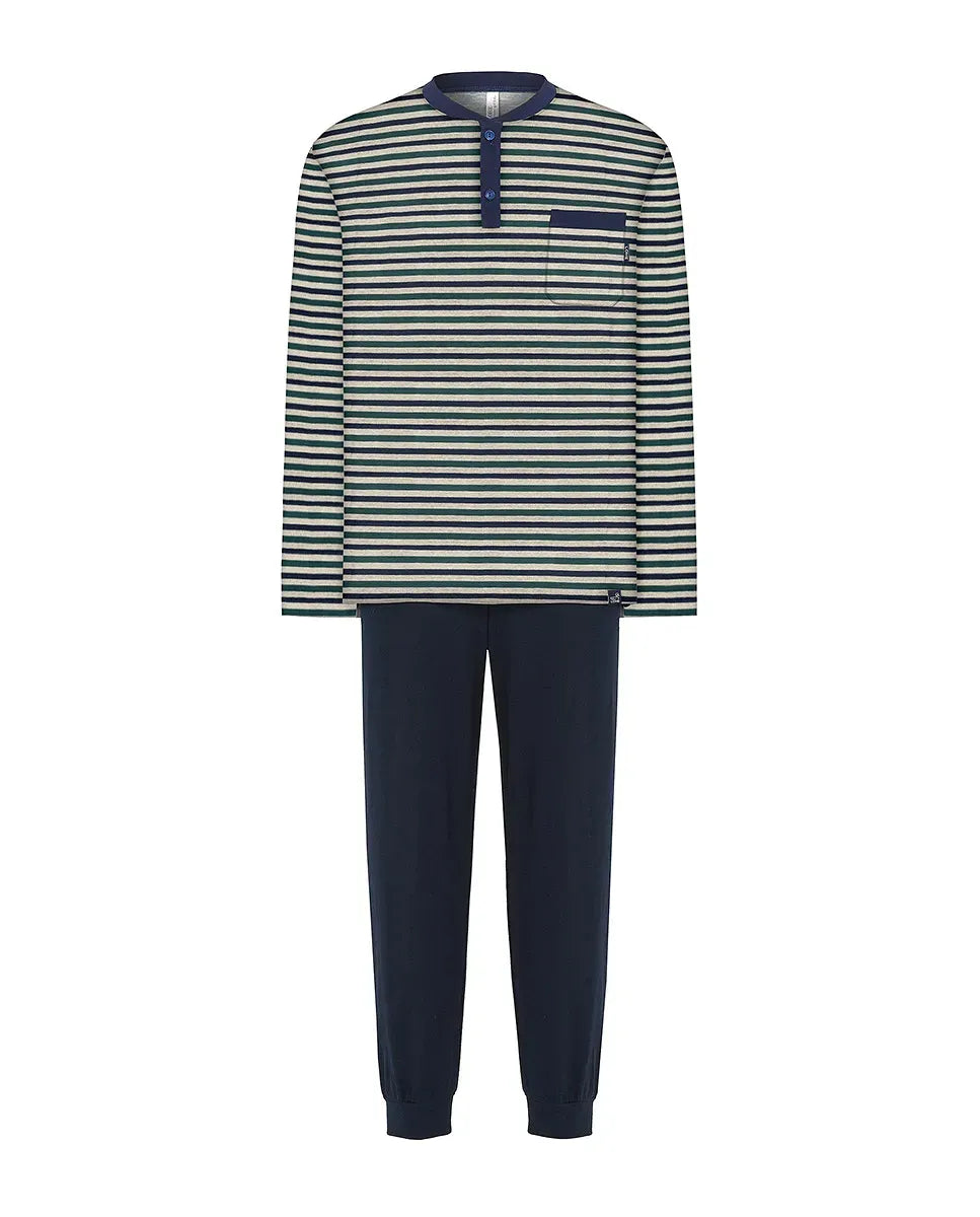 Pijama Lohe de hombre, parte superior de rayas, abertura de botones, manga larga y pantalón largo liso con puños.