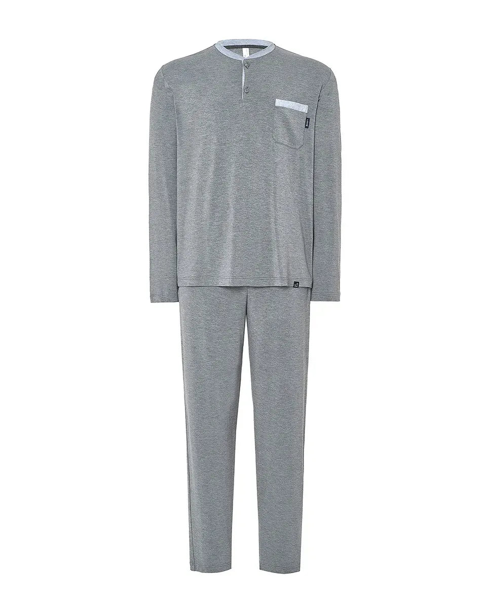 Vista detalle de chaquetilla de pijama de caballero melange rayas azules con cuello  en pico
