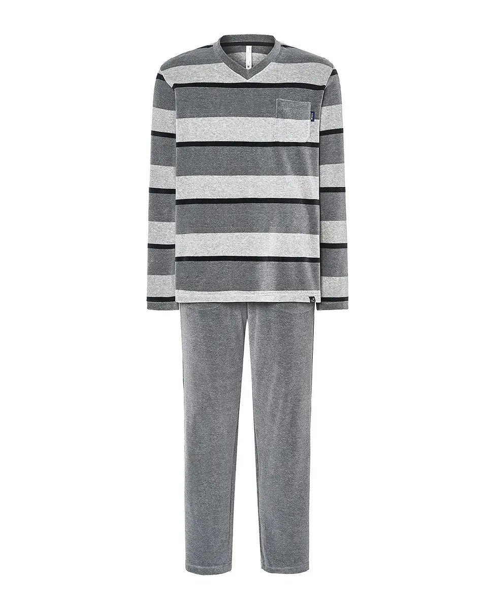 Pijama Lohe de hombre terciopelo,  rayas con escote en pico y bolsillos laterales.