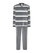 Pijama Lohe de hombre terciopelo,  rayas con escote en pico y bolsillos laterales.