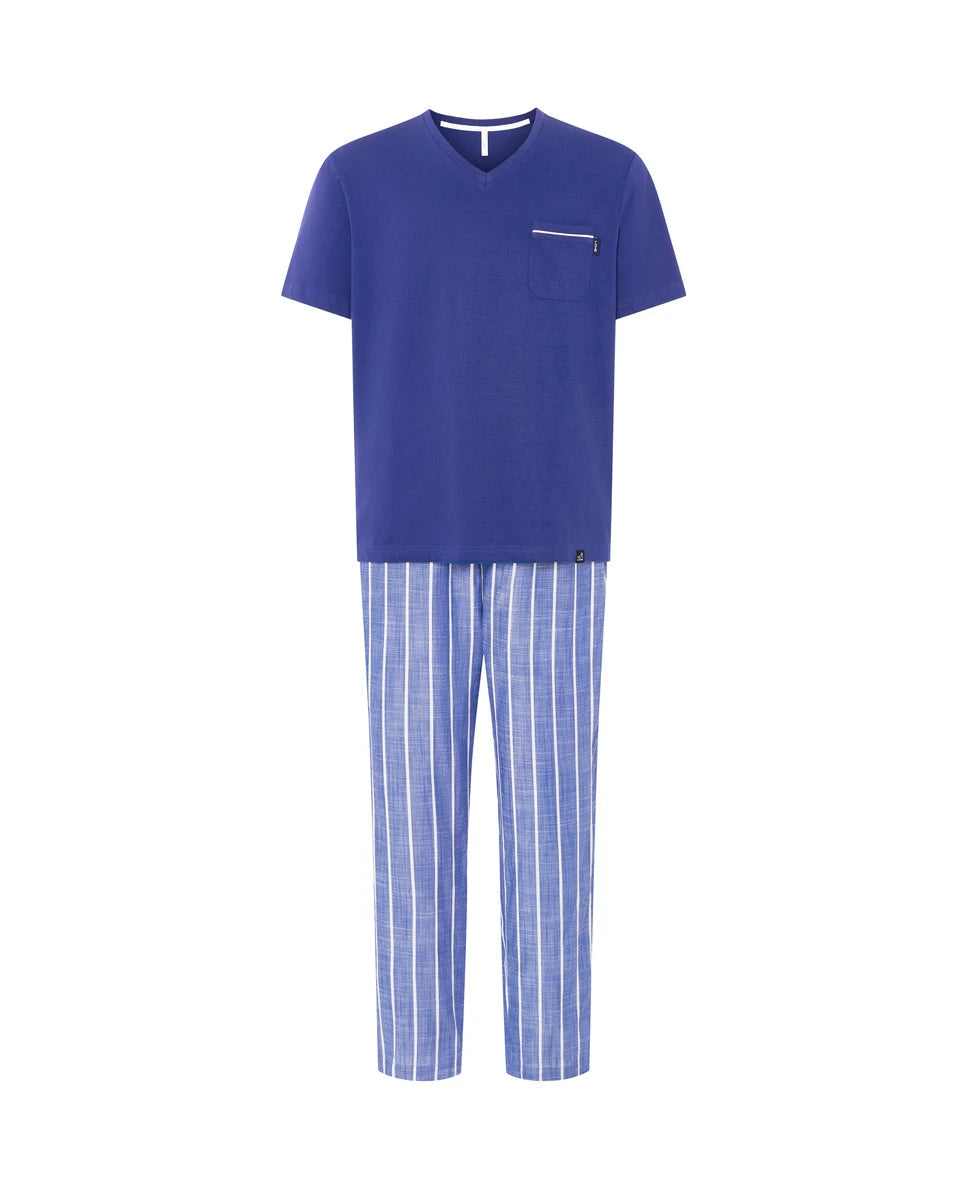 Pijama de verano largo para hombre, manga corta, top liso modal azul, cuello pico y pantalón a rayas con bolsillos
