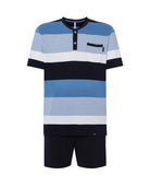 Pijama corto de hombre, manga corta de rayas anchas, cuello abotonado, bolsillo, pantalón corto liso ajustable a juego