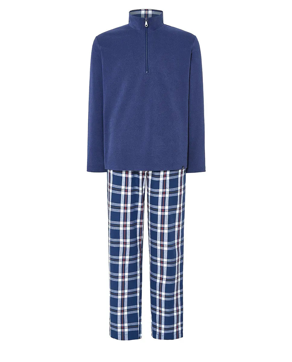 Pijama hombre: parte superior lisa, pantalón estampado, cremallera, cordón y bolsillos.