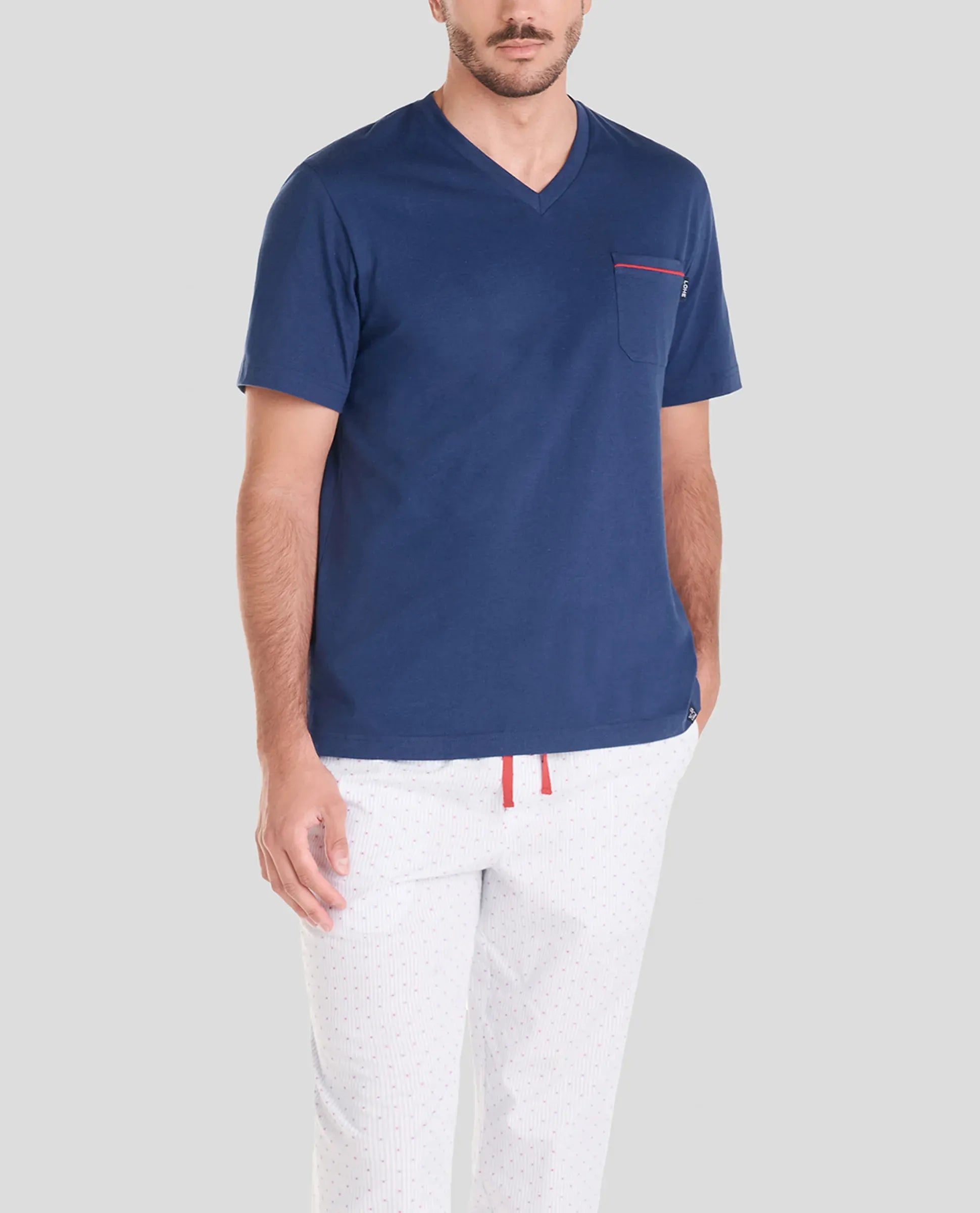 Pijama largo hombre para verano camiseta manga corta marino y pantalón largo plumeti
