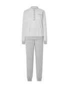 Pijama de mujer gris top a rayas de escote redondo con botones, puños elásticos, manga larga y pantalón largo en vigoré a juego.