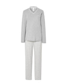 Pijama largo de mujer, vigoré en la parte superior, escote en pico, y pantalón de rayas con lazo raso en cintura.