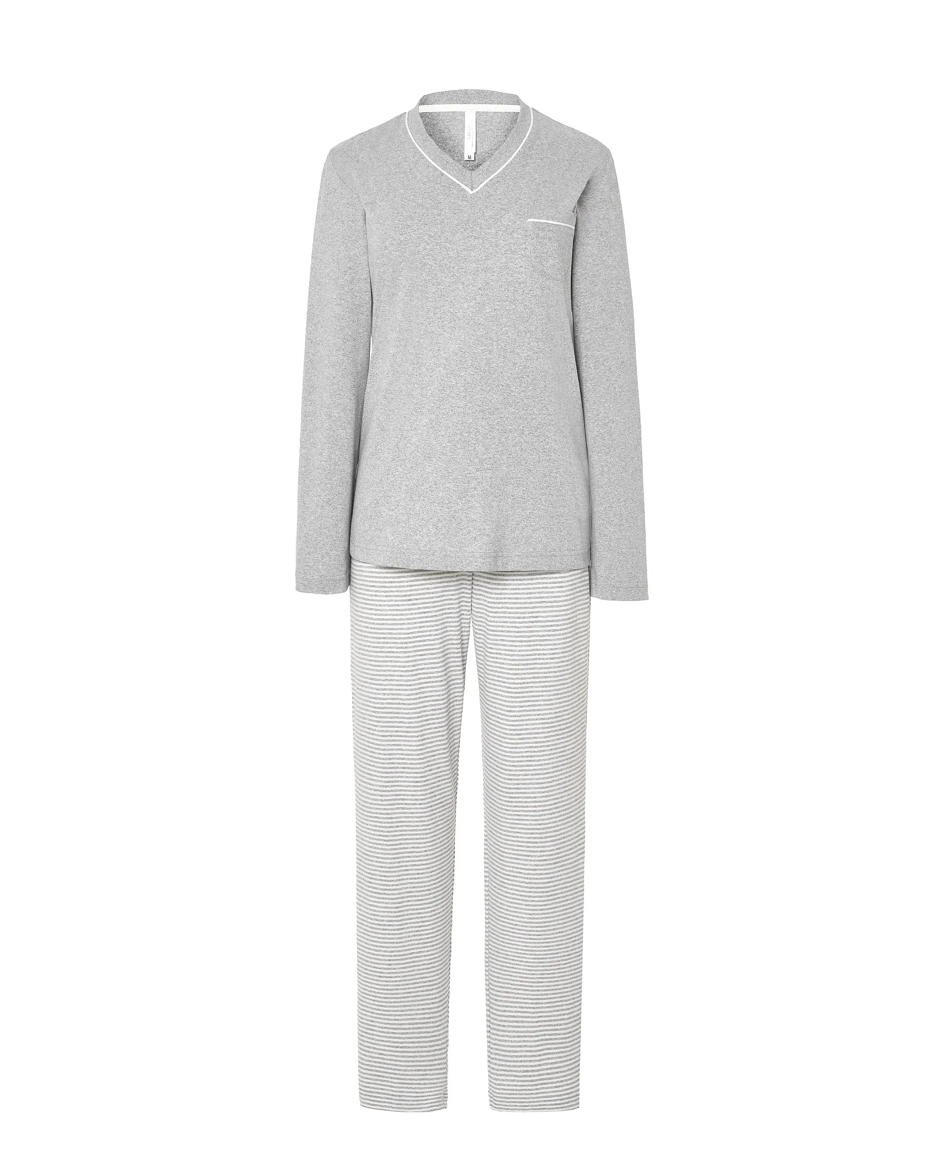 Pijama largo de mujer, vigoré en la parte superior, escote en pico, y pantalón de rayas con lazo raso en cintura.