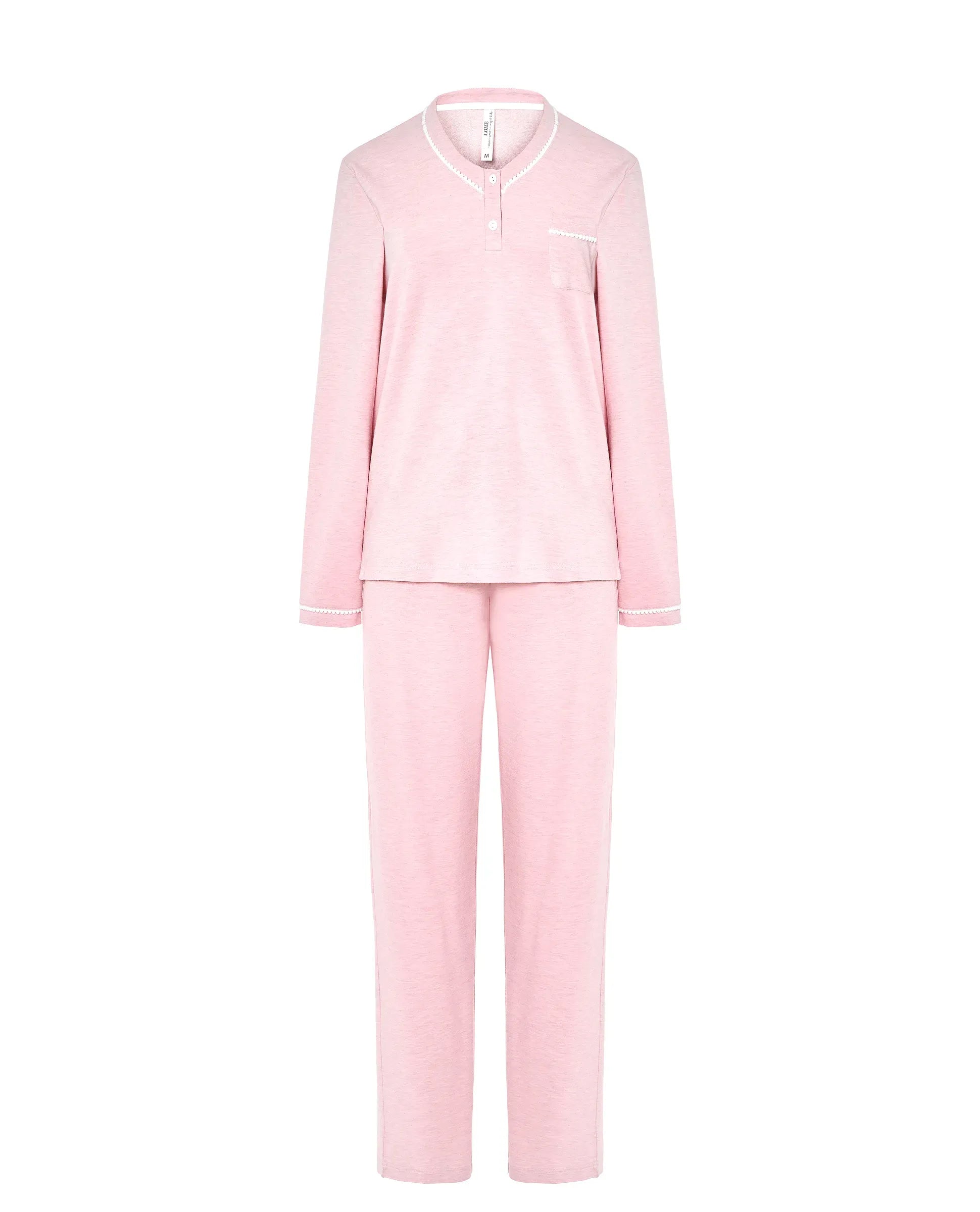 Pijama de manga larga de mujer vigoré rosa, escote en pico con adorno y lazo de raso en la cintura.