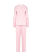 Pijama de manga larga de mujer vigoré rosa, escote en pico con adorno y lazo de raso en la cintura.