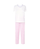 Pijama largo de mujer para verano,  camiseta blanca manga corta, cuello redondo y botones rosas. Pantalón rosa de flores blancas
