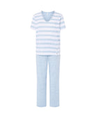 Pijama largo de mujer, camiseta manga corta vigoré rayas celestes con cuello pico y pantalón largo a juego.