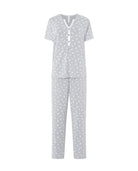Pijama largo de mujer Lohe, vigoré gris estampado plumas, cuello abierto pata de raso y botones, pantalón largo
