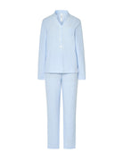 Pijama Lohe celeste de mujer con detalle de encaje en la abertura de botones con manga larga y pantalón largo.