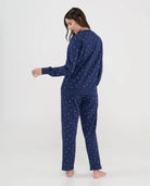 Pijama de mujer invierno azul marino con estrellas, vista trasera, pantalón largo y manga larga