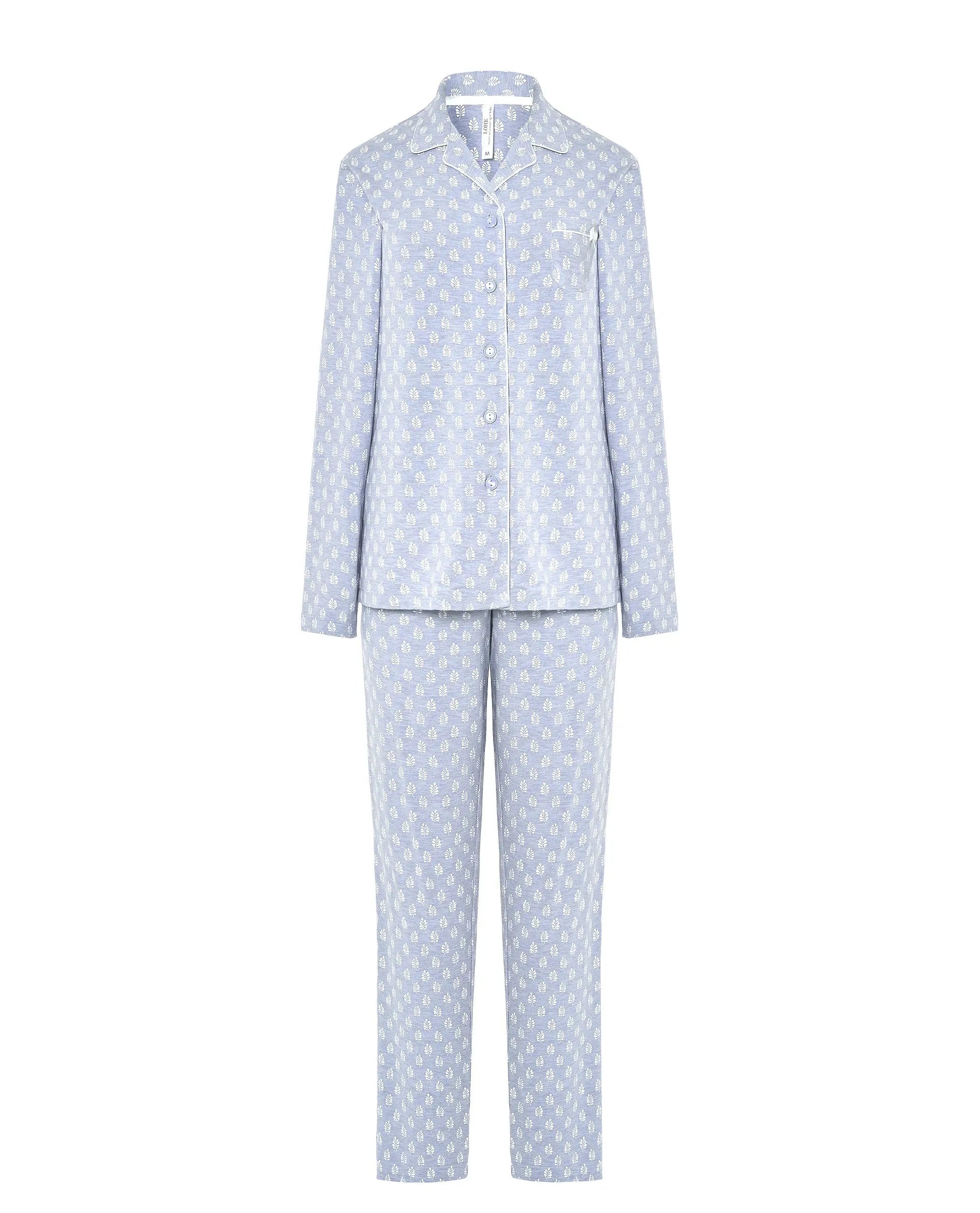 Pijama Lohe de mujer estampado de hojas, con cuello de solapa, manga larga y pantalón largo con lazo.