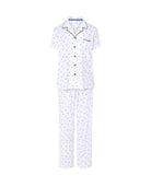 Pijama largo de mujer en punto estampado cerecitas azules. Top manga corta con botones y vivos azul marino.