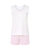 Pijama corto de mujer sin mangas punto flamé, cuello redondo con botones y vivo. Pantalón corto rosa ajustable flores blancas