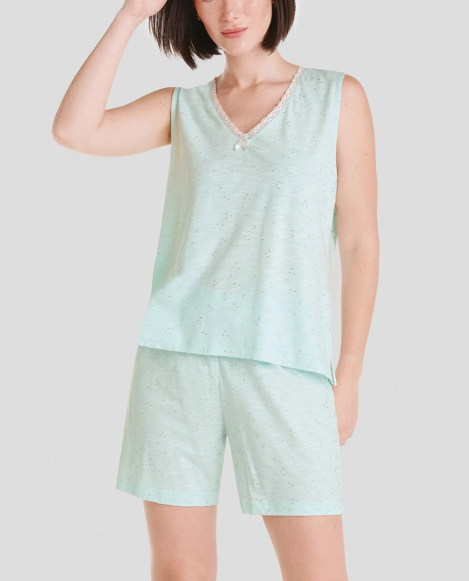 Pijama corto sin mangas de mujer en tejido algodón modal verde con detalles plata