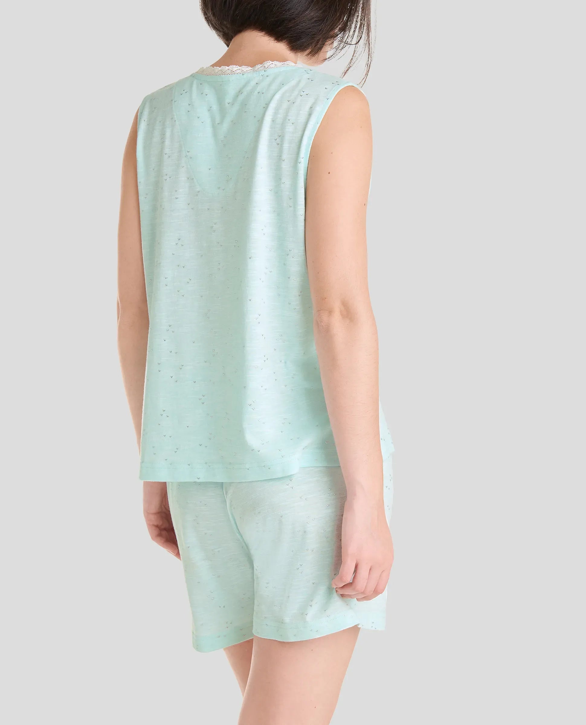 Fresco pijama de verano sin mangas color verde con puntilla cuello y detalles plata