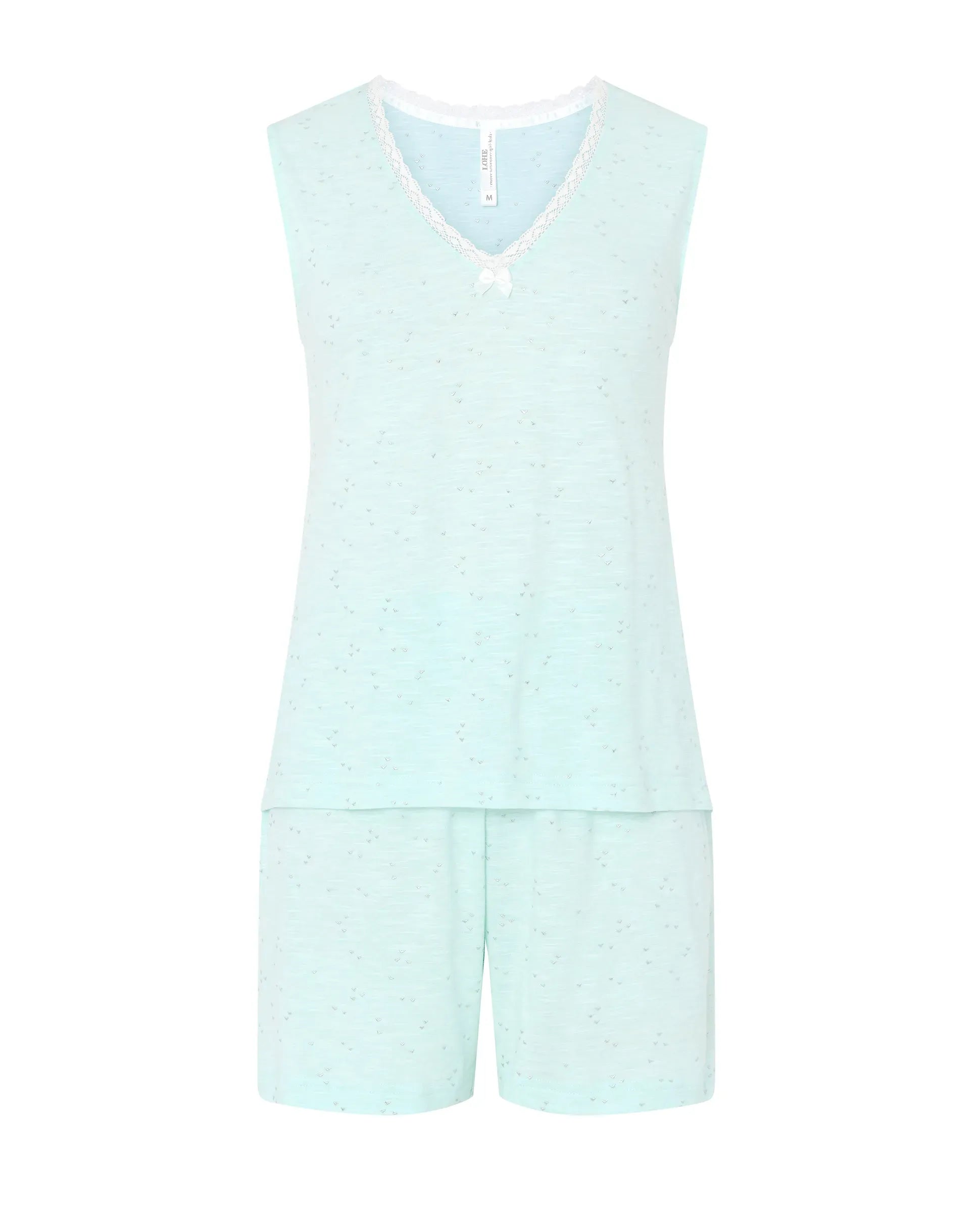 Pijama de mujer para verano corto y sin mangas tejido algodón modal puntilla en cuello pico y pantalón corto.