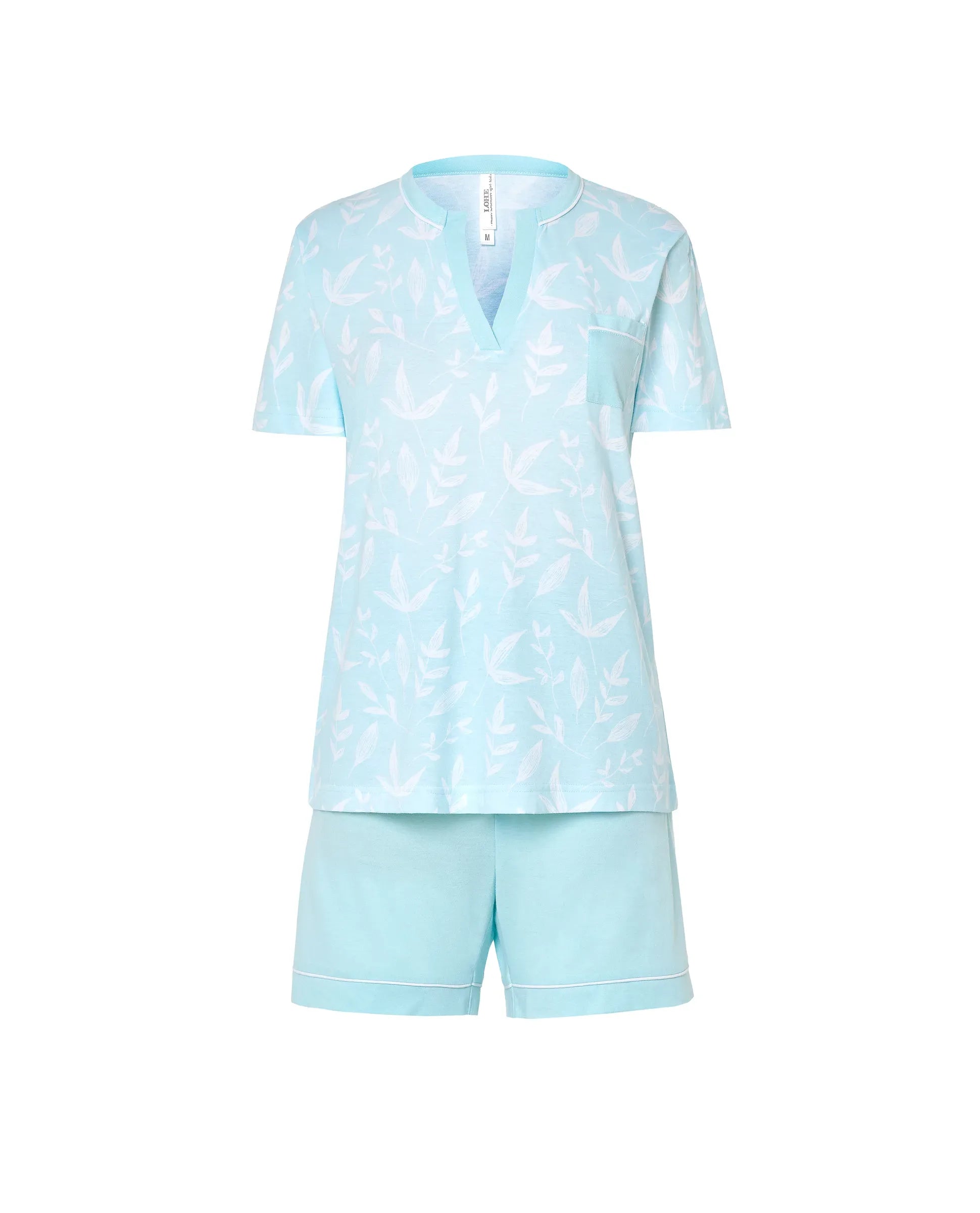 Pijama corto de mujer Lohe, top tejido hojas, abierto, manga corta y pantalón corto tejido liso.