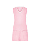 Pijama corto de mujer Lohe, tejido jacquard de viscosa estampado topitos, puntilla en cuello pico, sin mangas y pantalón corto.