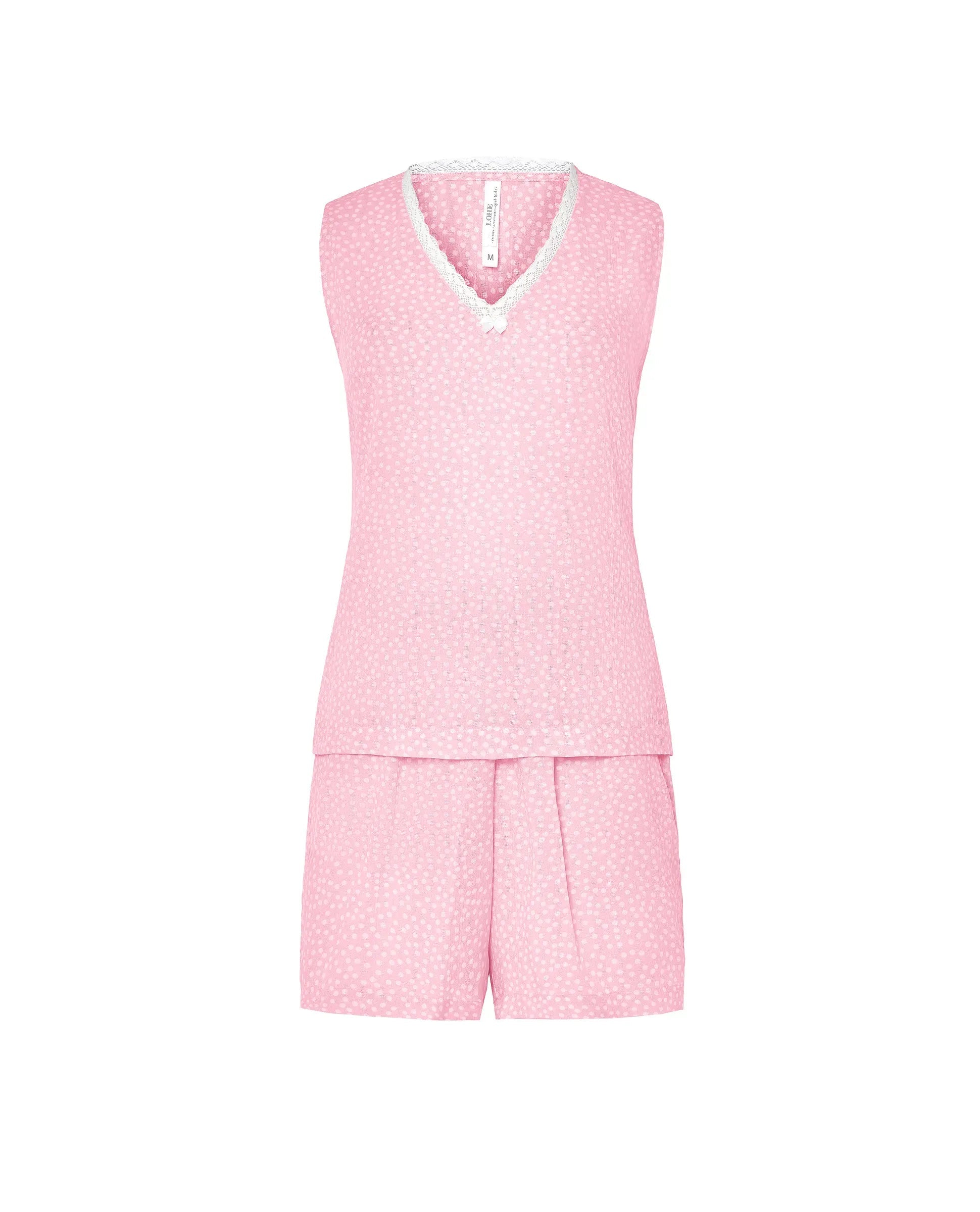 Pijama corto de mujer Lohe, tejido jacquard de viscosa estampado topitos, puntilla en cuello pico, sin mangas y pantalón corto.