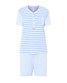 Pijama corto de mujer Lohe, tejido rayas, abierto con pata y botones, manga corta y pantalón corto con lazo de raso.