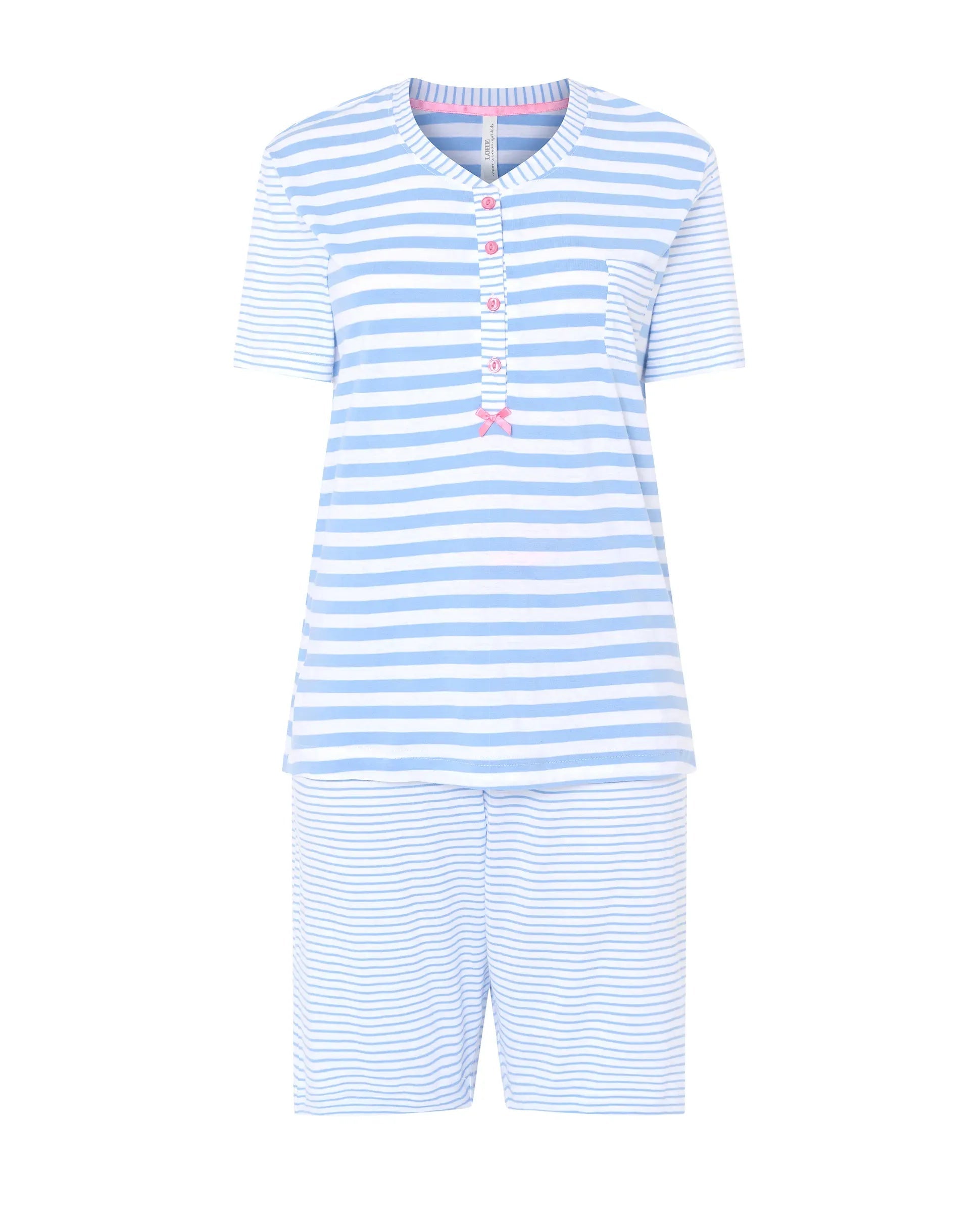 Pijama corto de mujer Lohe, tejido rayas, abierto con pata y botones, manga corta y pantalón corto con lazo de raso.