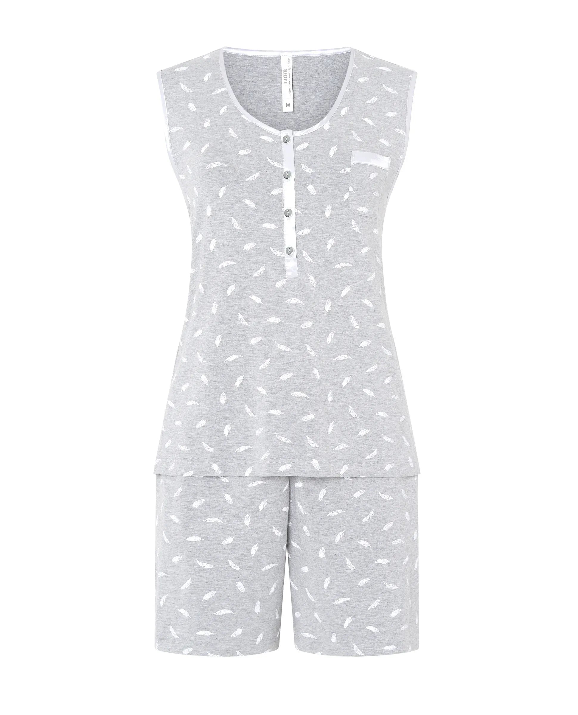 Pijama corto sin mangas de mujer Lohe, vigoré gris estampado plumas y pantalón corto con lazo de raso.
