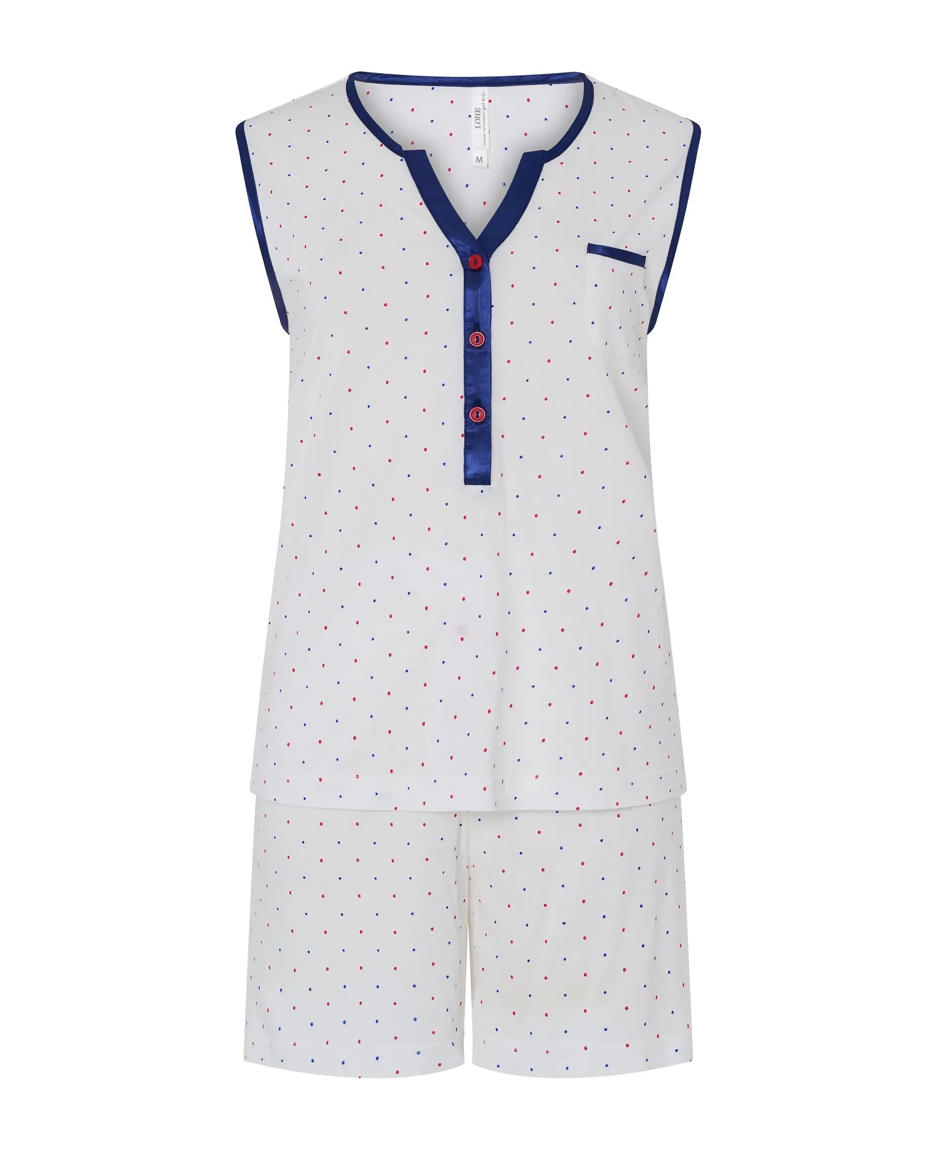 Pijama corto sin mangas de mujer Lohe, tejido algodón modal a topitos, cuello abierto con pata de raso, botones.