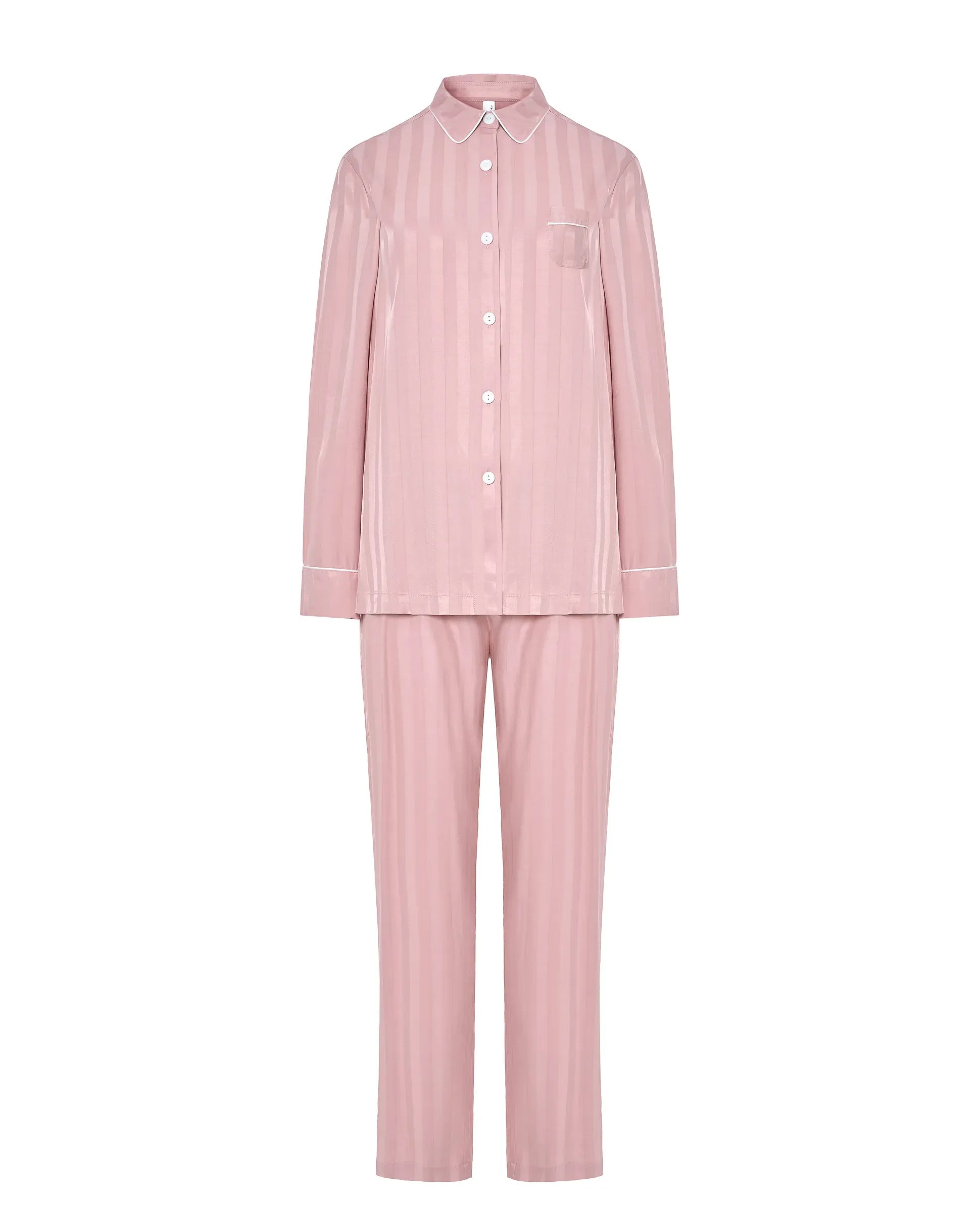 Pijama Lohe de mujer abierto con botones, cuello con vivo, cómoda manga larga y pantalón largo con lazo de raso en la cintura.