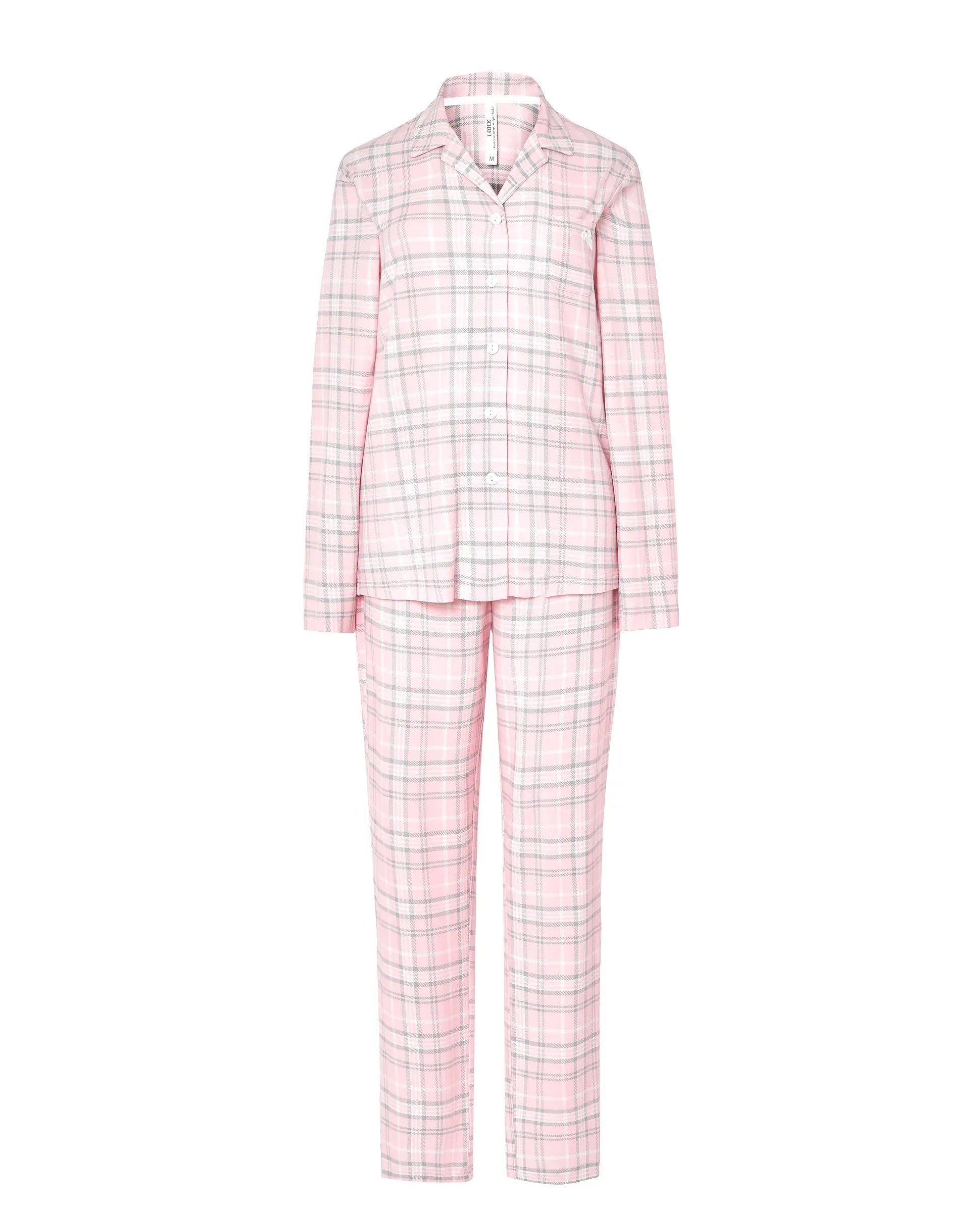 Pijama de mujer camisero con cuadros de suaves tonos rosa cuello clásico de solapa y manga larga