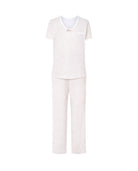 Pijama de mujer manga corta de punto estampado piel camel, cuello pico y adorno lacito raso. Pantalón largo ajustable