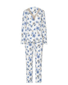 Conjunto de pijama para mujer con estampado floral azul, manga larga y ribete de encaje de color tostado en el cuello