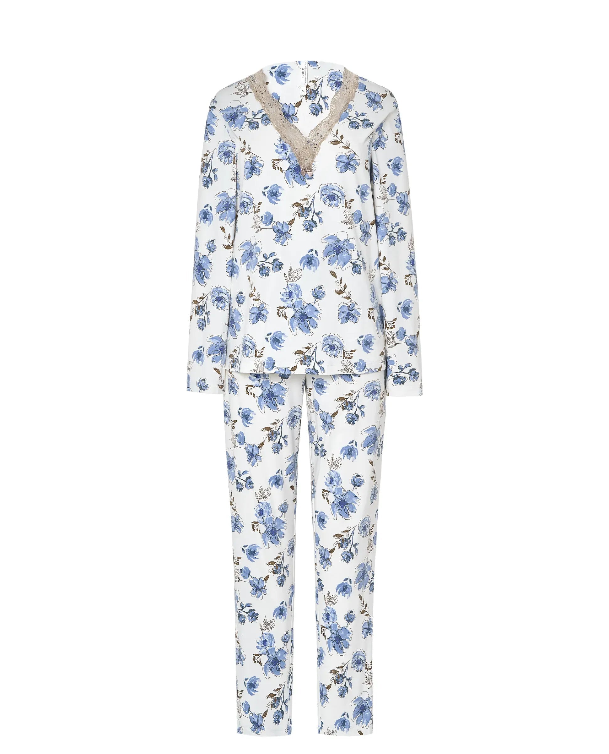 Conjunto de pijama para mujer con estampado floral azul, manga larga y ribete de encaje de color tostado en el cuello