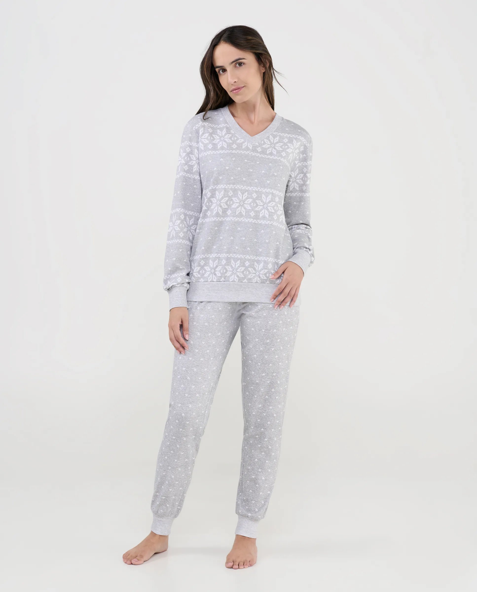 Pijama mujer invierno largo gris estampado estrellas de nieve