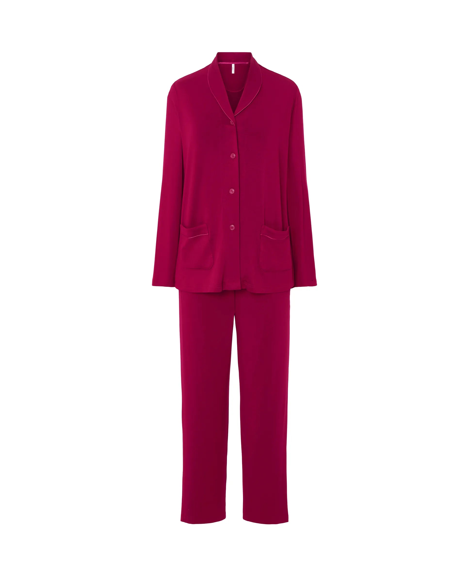 Pijama Lohe de mujer modal liso, abierto con botones, bolsillos de plastón, manga larga y pantalón largo.