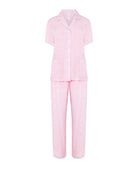Pijama largo mujer viscosa rosa a lunares, abierta con botones y bolsillos, manga corta y pantalón largo