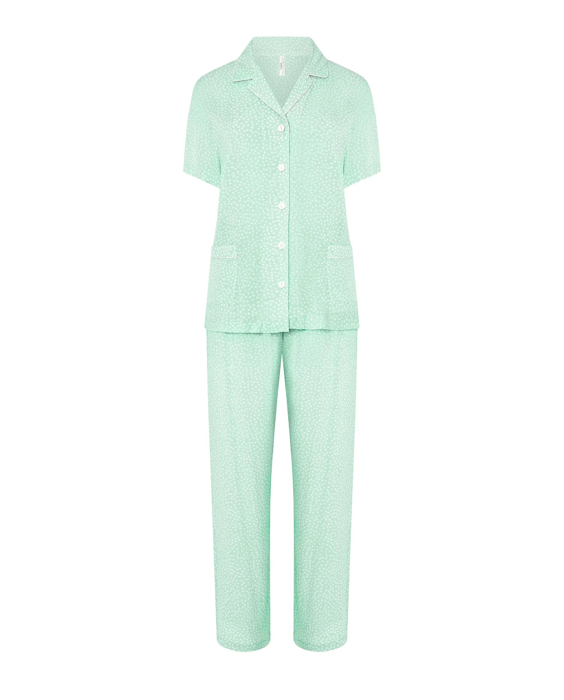 Pijama largo de mujer de manga corta para verano color verde detalles estampado plata