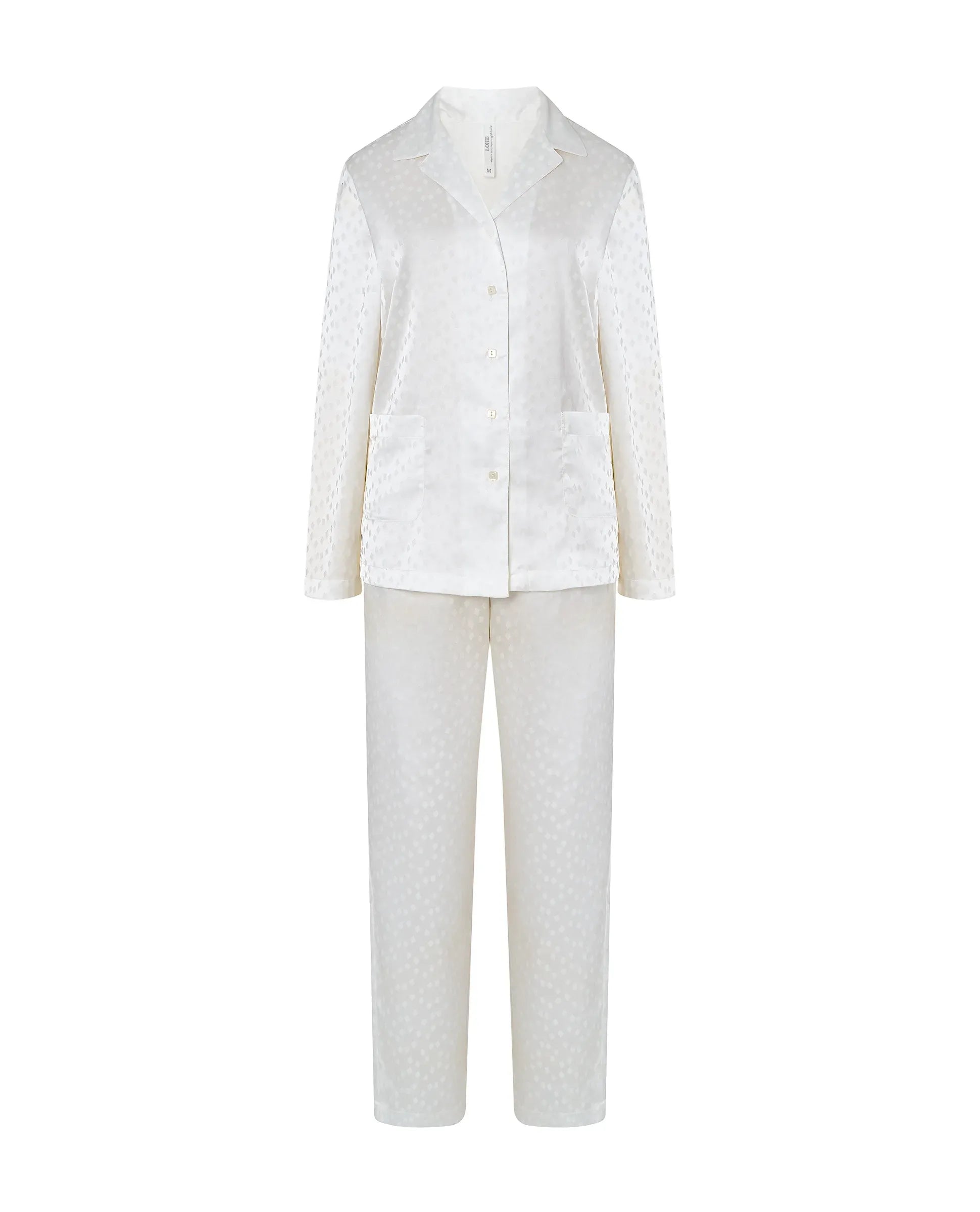 Pijama largo de mujer en jacquard marfil cuadritos, chaqueta abierta con botones de manga larga y pantalón largo