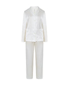 Pijama largo de mujer en jacquard marfil cuadritos, chaqueta abierta con botones de manga larga y pantalón largo
