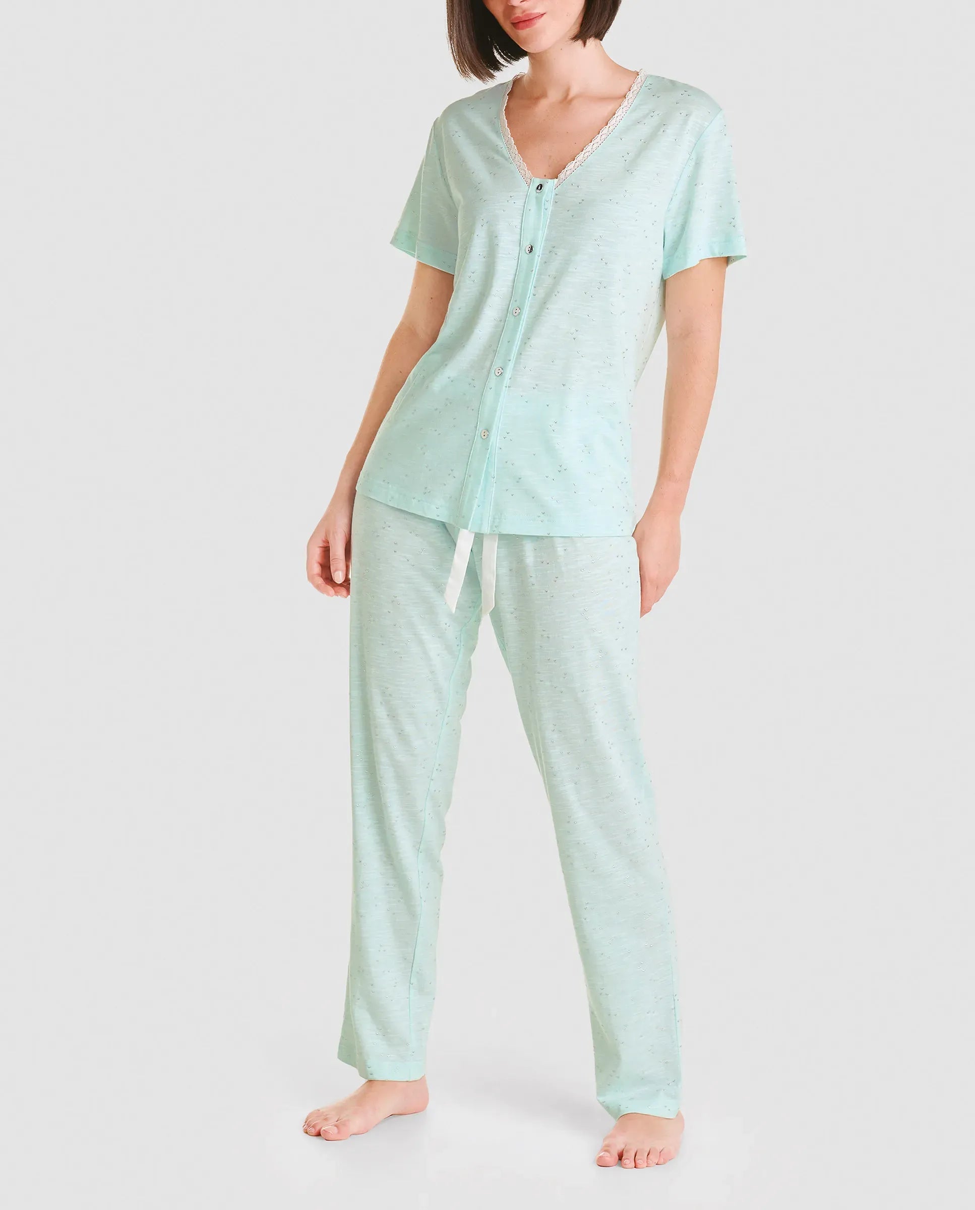 Pijama largo de mujer de manga corta para verano color verde detalles estampado plata