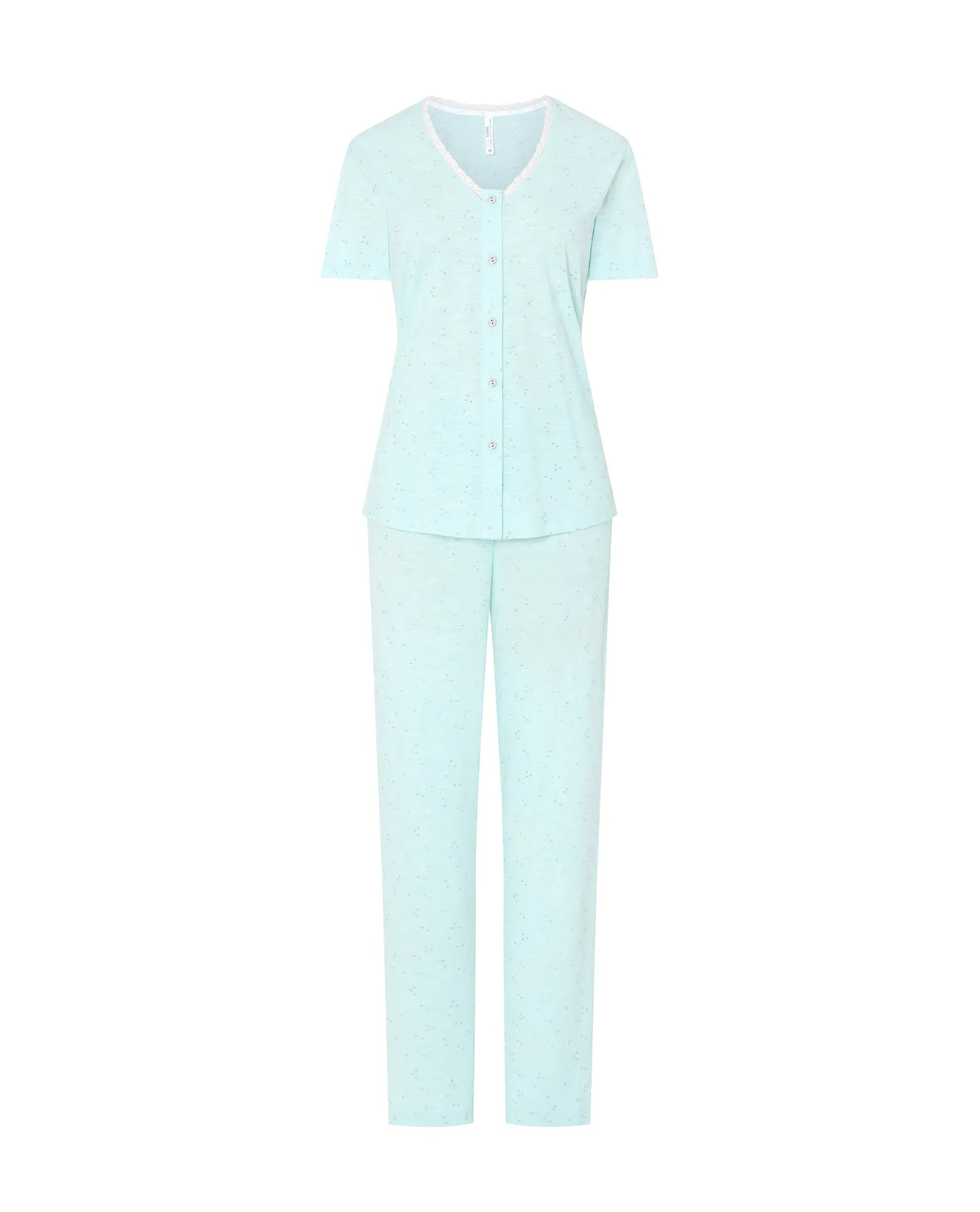 Pijama largo abierto con botones de manga corta con puntilla en escote en algodón y modal verde suave