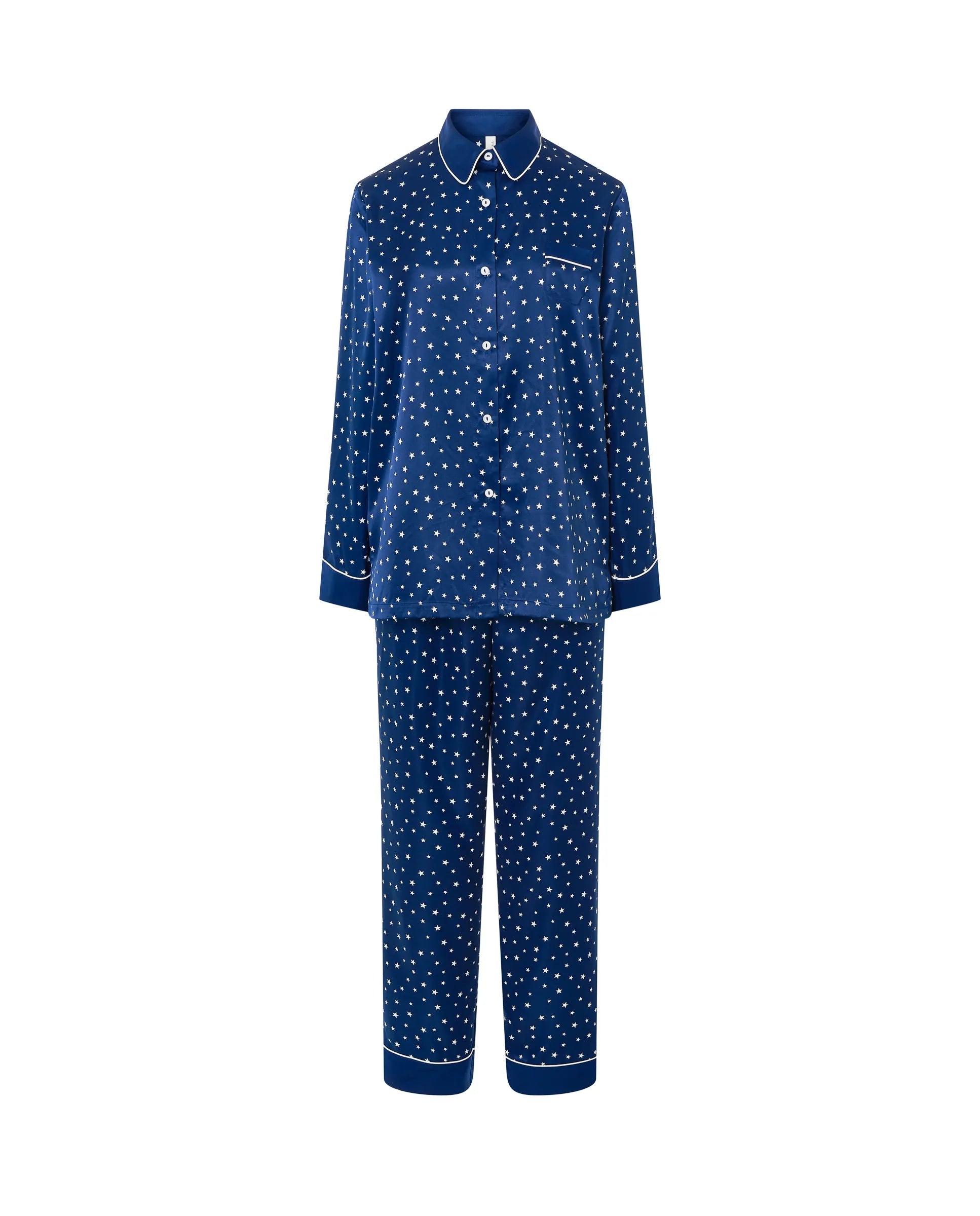 Pijama de mujer raso marino estampado de estrellas con chaqueta abierta con botones