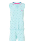 Pijama corto de mujer, estampado cactus, chaqueta cuello con botones sin mangas, bolsillo adorno y pantalón corto.