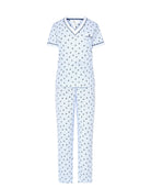 Pijama largo de mujer Lohe, tejido algodón modal estampado anclas, cuello pico, manga corta y pantalón largo con lazo de raso.