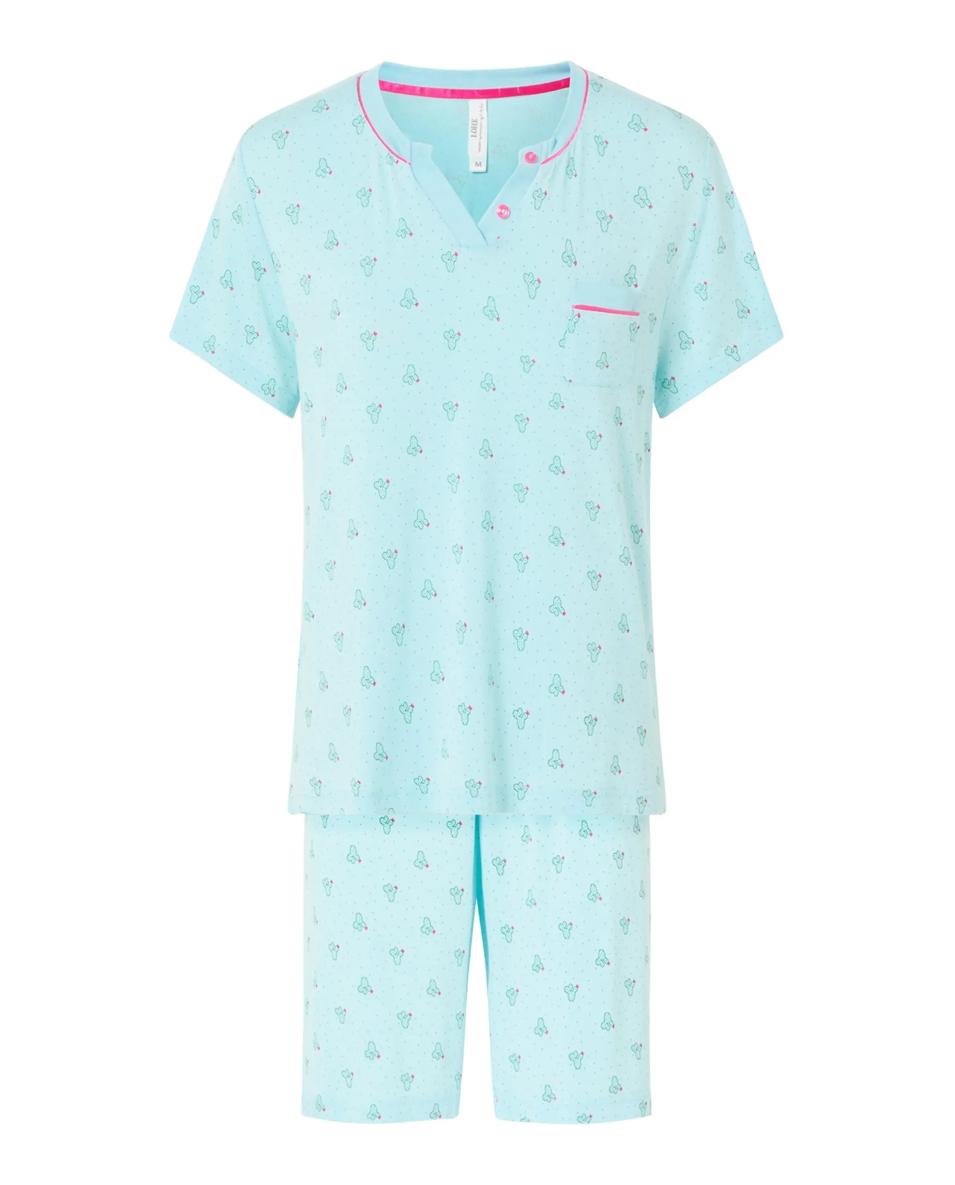 Pijama corto de mujer, estampado cactus, chaqueta cuello con botones manga corta, bolsillo adorno y pantalón corto.